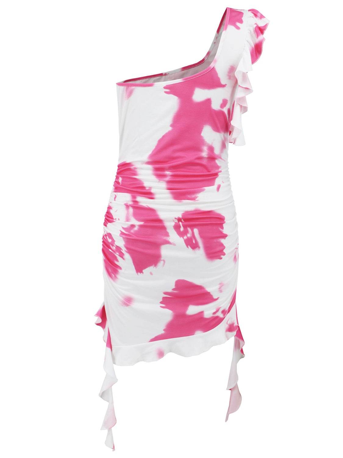 Ruffled Tie-Dye Single Shoulder Mini Dress - Fashions Envy