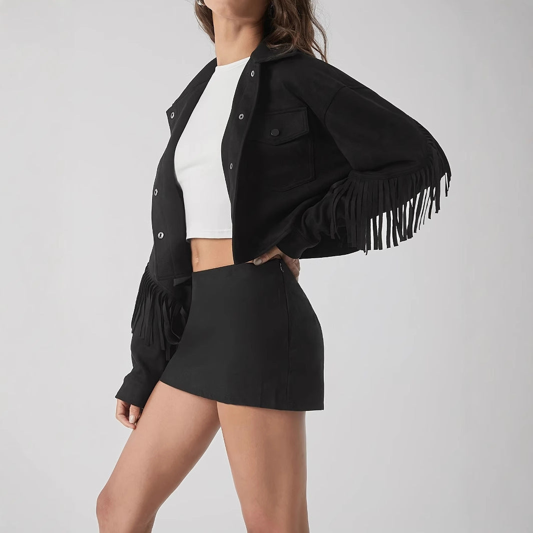 Women's Black Long Sleeve Fringe Jacket - Casual Elegant Coat