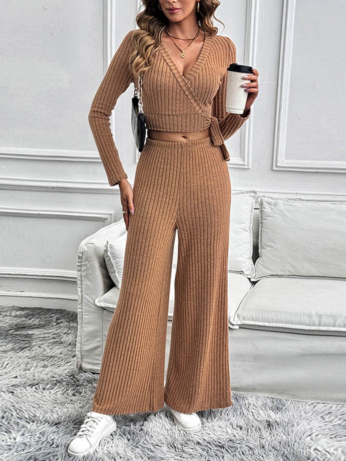Perfee Surplice Long Sleeve Top and Pants Set - Fashions Envy