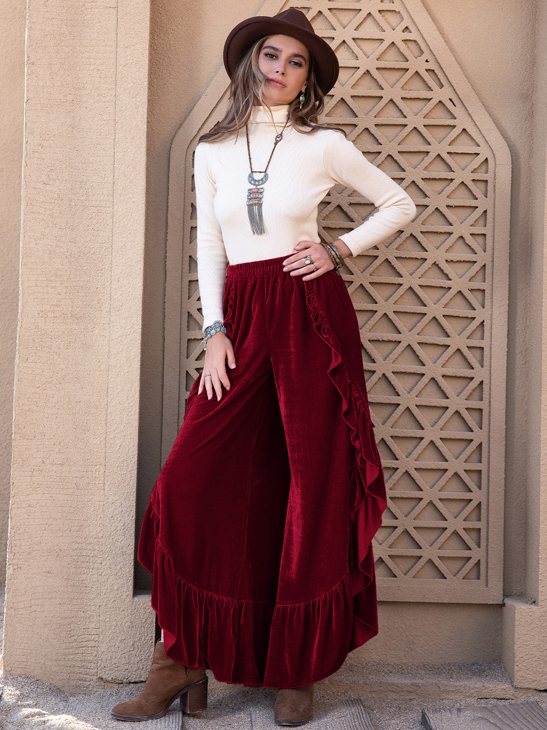 Ruffled Wide Leg Pants - Slit Detail Flowy Style