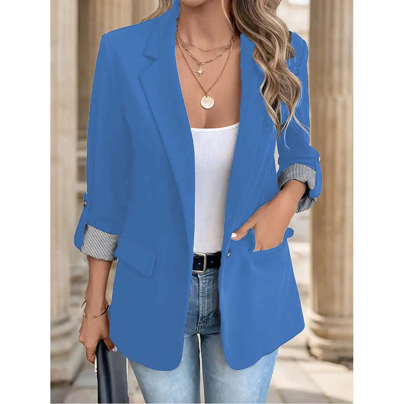 Open Front Blazer - Rolled Sleeve Office Jacket