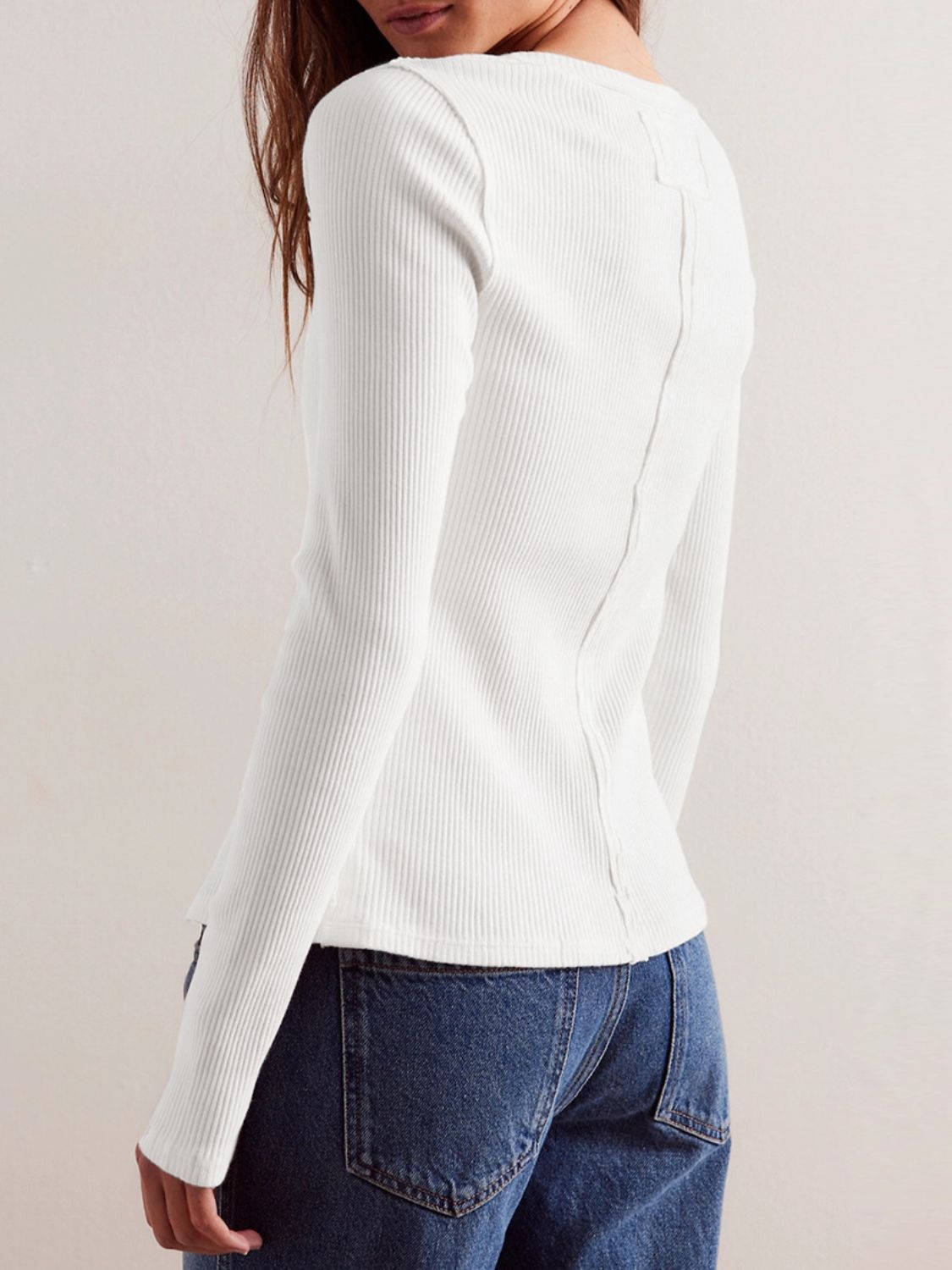 Ribbed Button-up Round Neck Long Sleeve Top