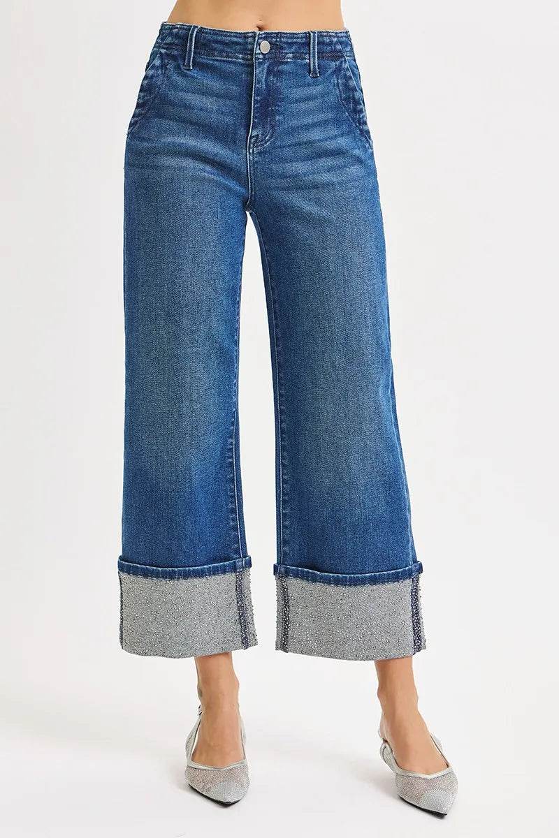 RISEN High Rise Ankle Wide Rhine Stone Cuffed Jeans - Fashions Envy