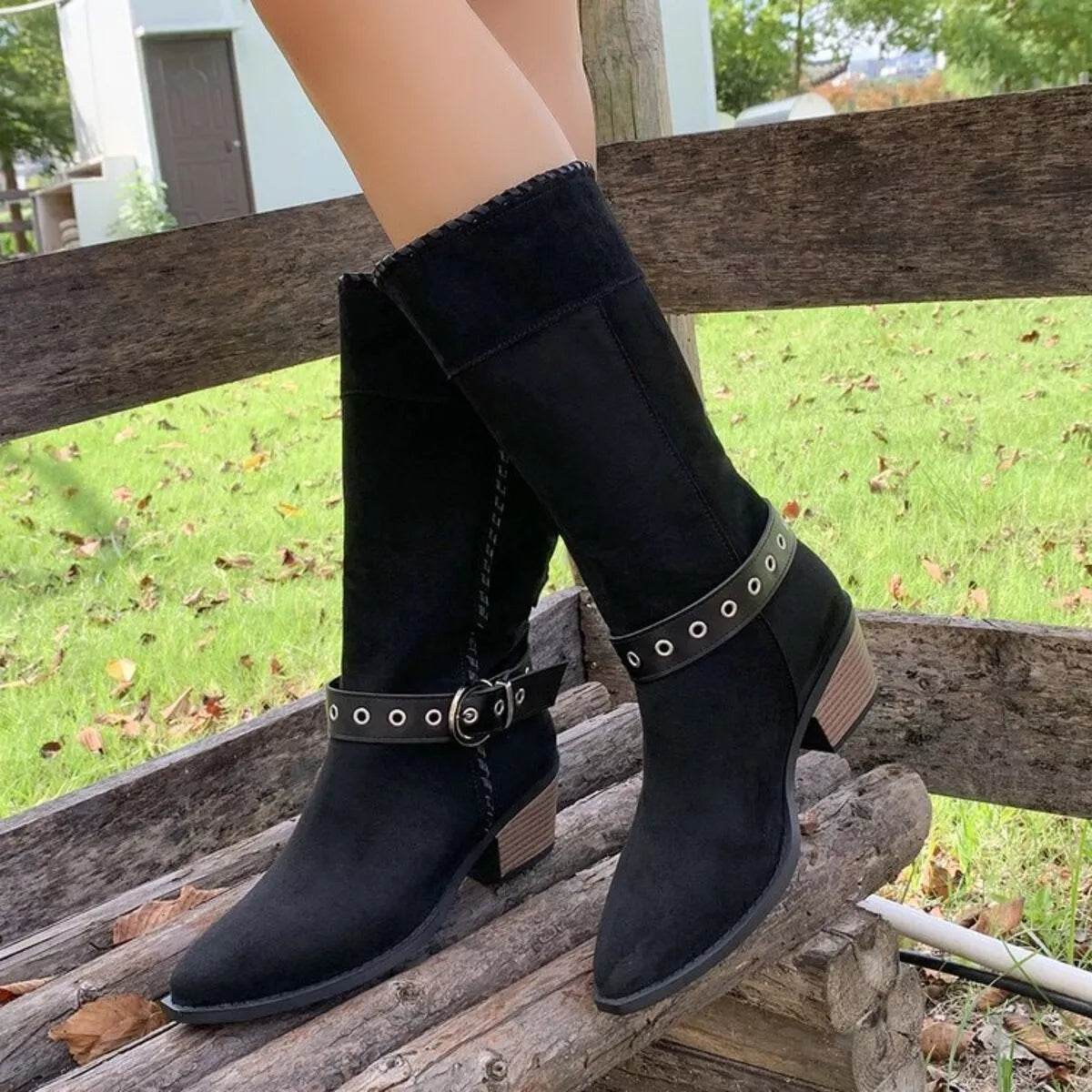 Point Toe Block Heels Boots - Mid Heel Ankle Boots - Fashions Envy