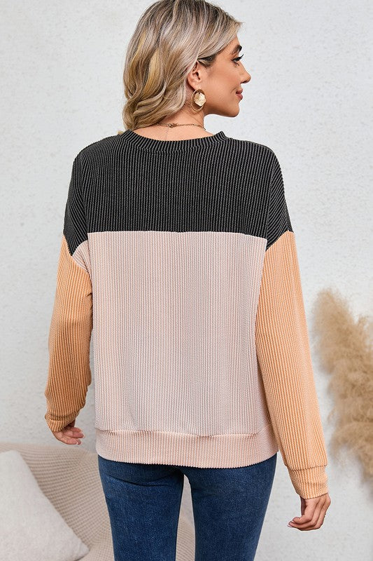 Ribbed Color Block Long Sleeve Corduroy Tunic Top