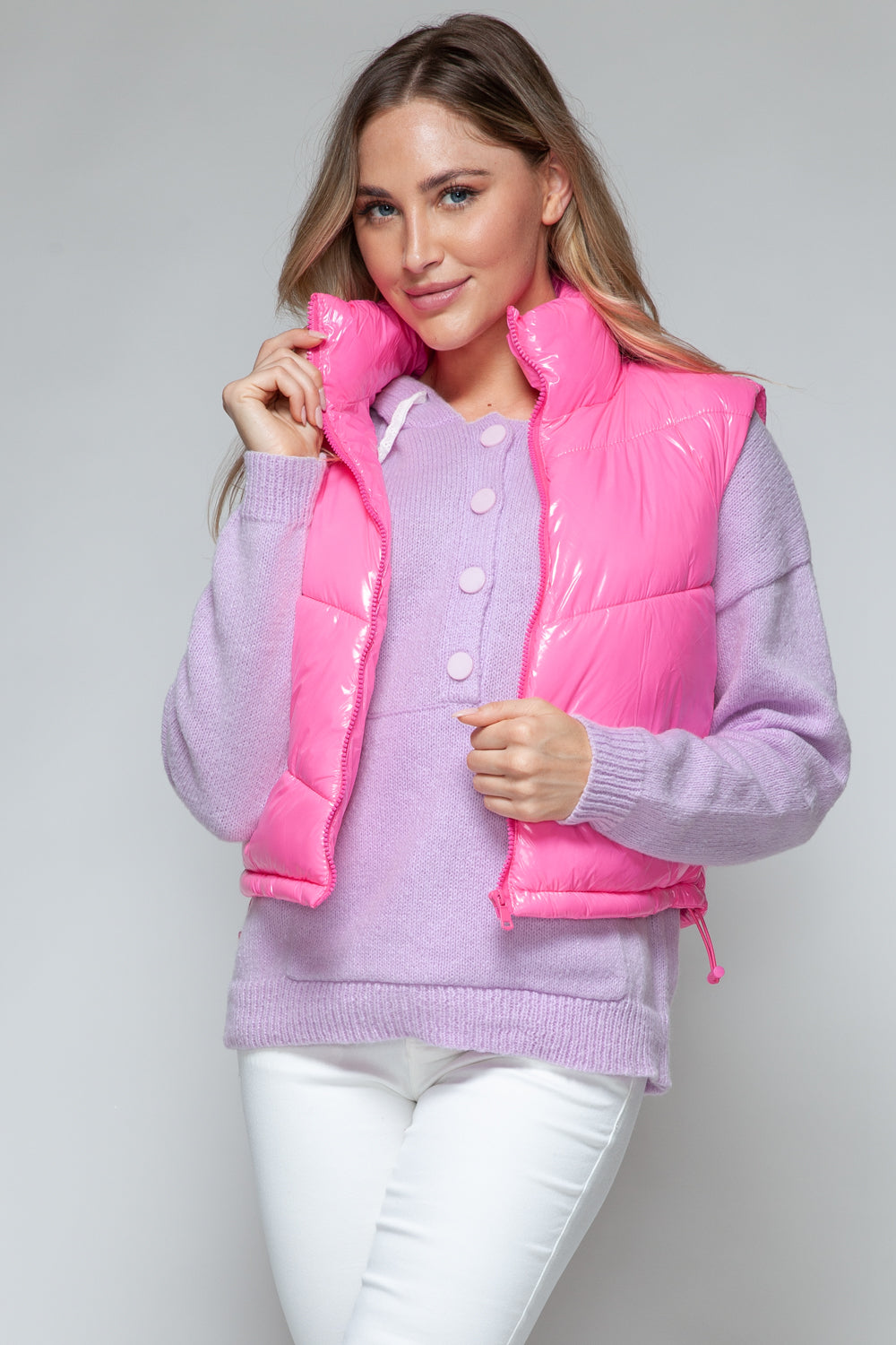 Snobbish Zip Up Turtleneck Shiny Quilted Vest - Fashions Envy