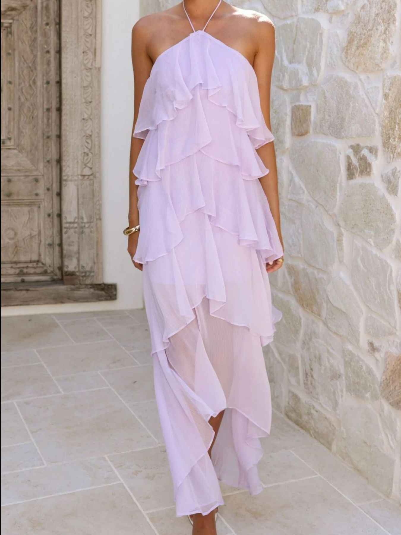 Tiered Ruffle Halter Midi Dress - Layered Flowy Style