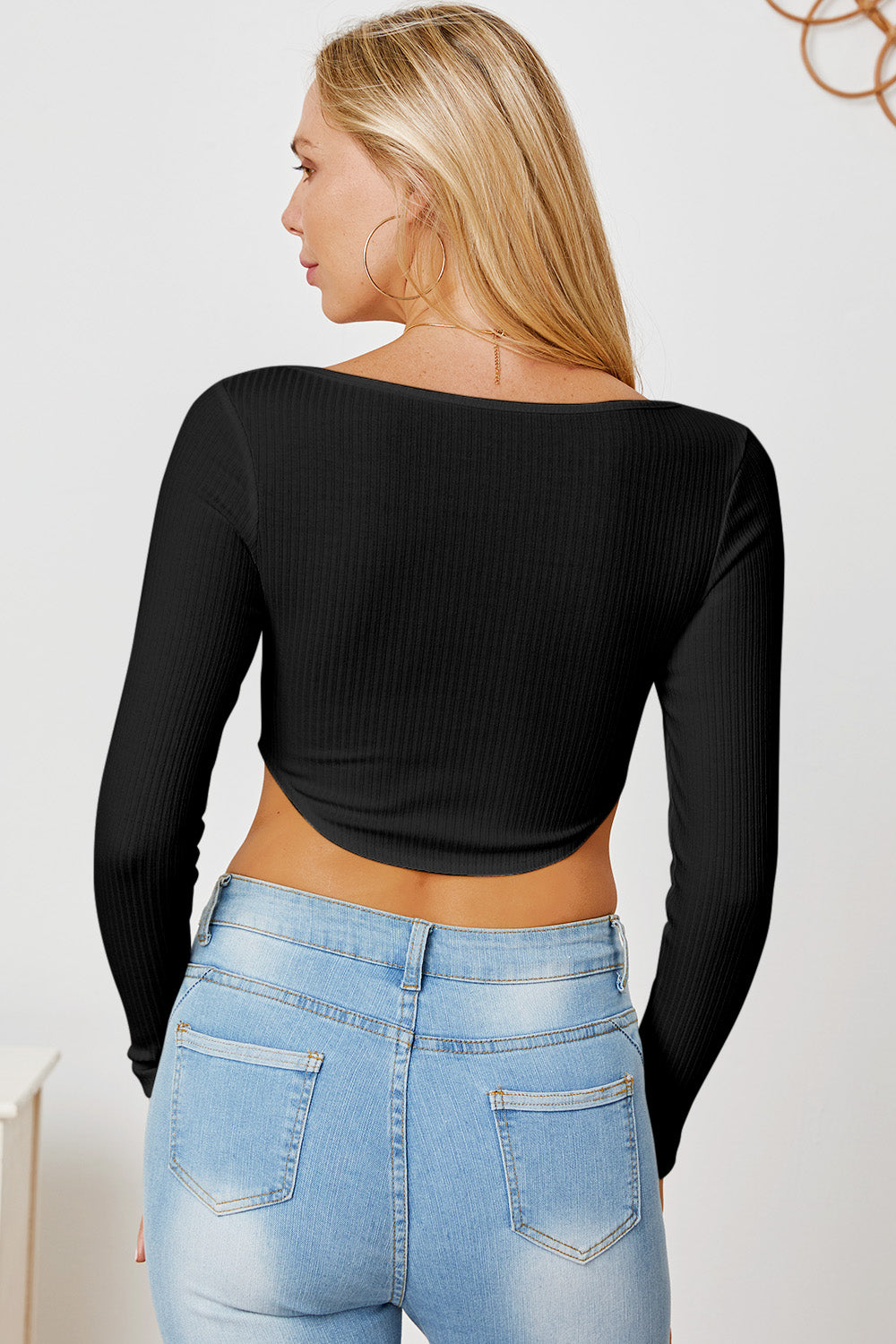 Ribbed Long Sleeve Sweetheart Neck T-Shirt