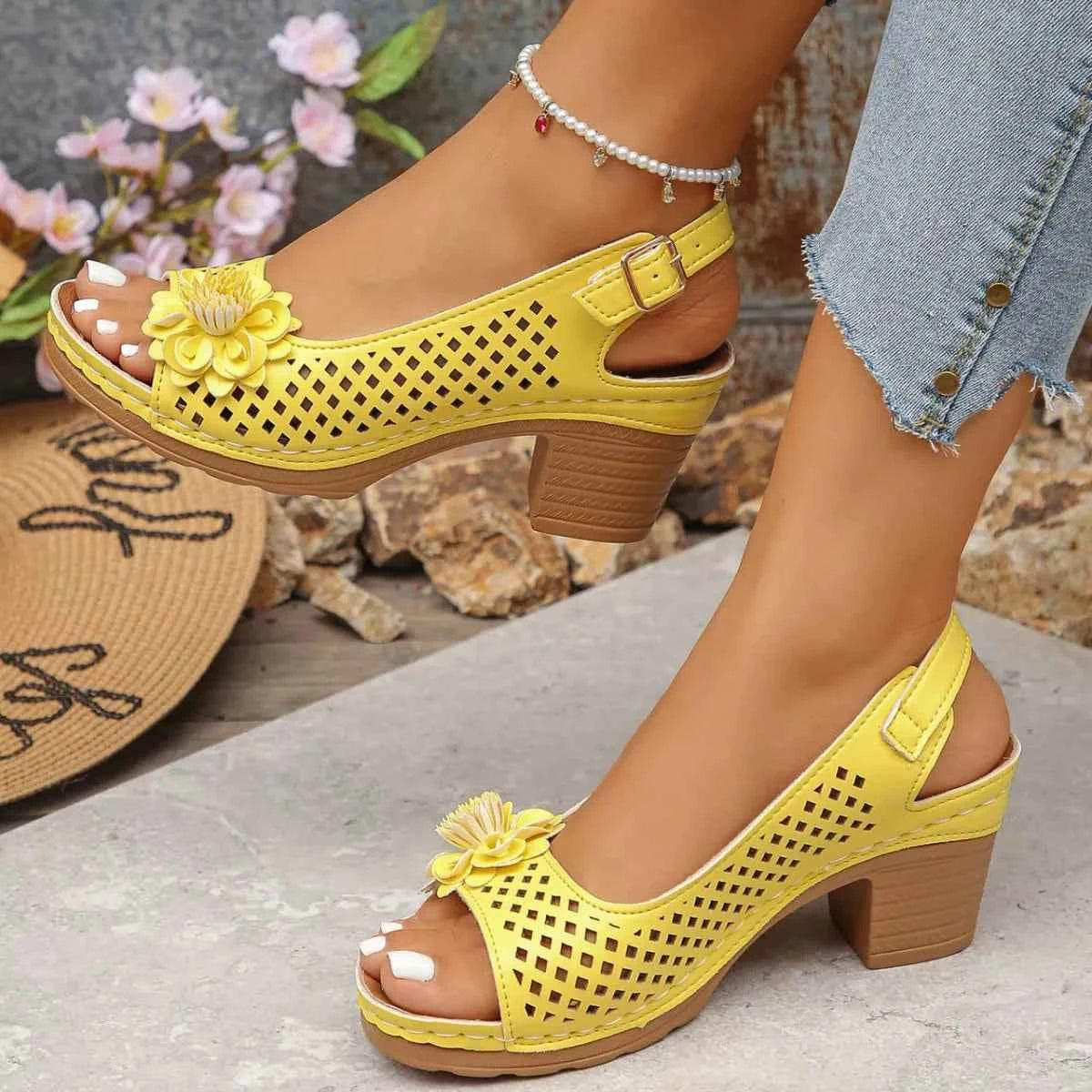 Floral Accent Block Heel Sandals