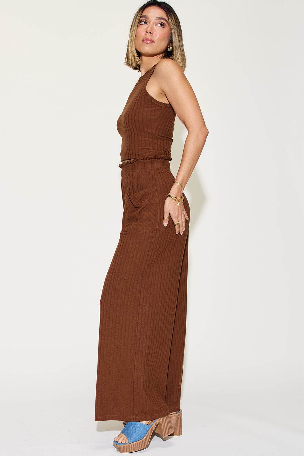 Basic Bae Full Size Ribbed Tank and Wide Leg Pants Set - Fashions Envy