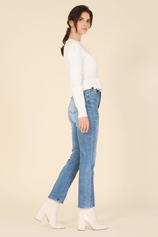Peplum Round Neck Puff Sleeve Sweater