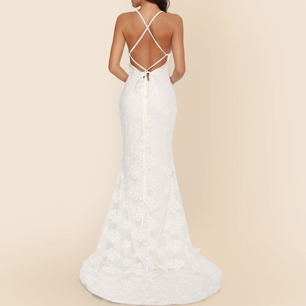 V-Neck Wedding Dress - Elegant Trailing Bridal Gown