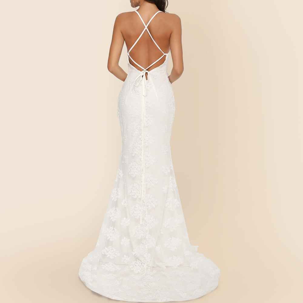 V-Neck Wedding Dress - Elegant Trailing Bridal Gown - Fashions Envy