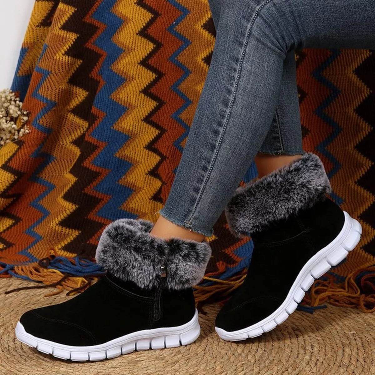 Side Zip Faux Fur Boots - Cozy Low Heel Winter Boots - Fashions Envy