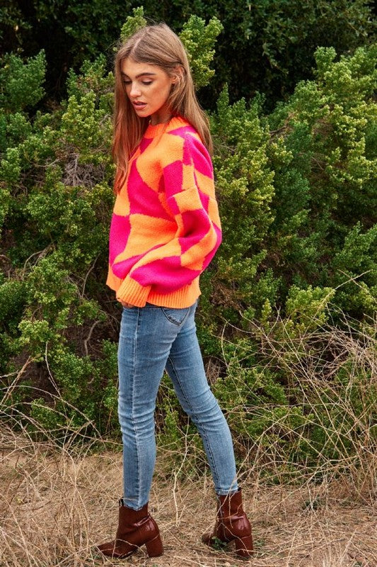 Oversized Multi Geo Checker Pullover Knit Sweater