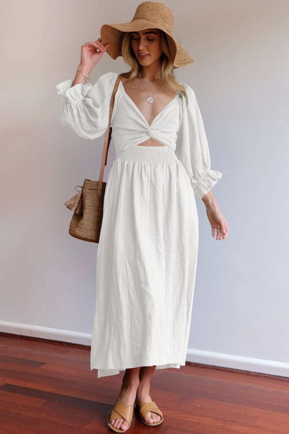 Smocked Square Neck Flounce Sleeve Midi Dress