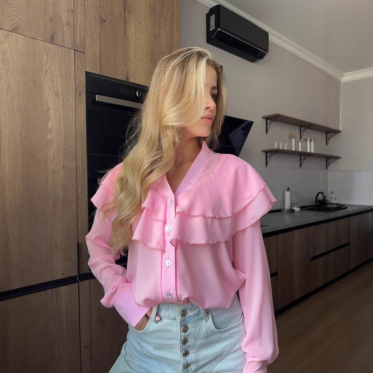 Ruffled V-Neck Blouse - Tiered Collar Chiffon Top