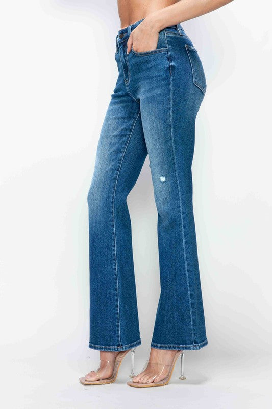 Medium Blue Full Size High Rise Bootcut Jeans with Pockets