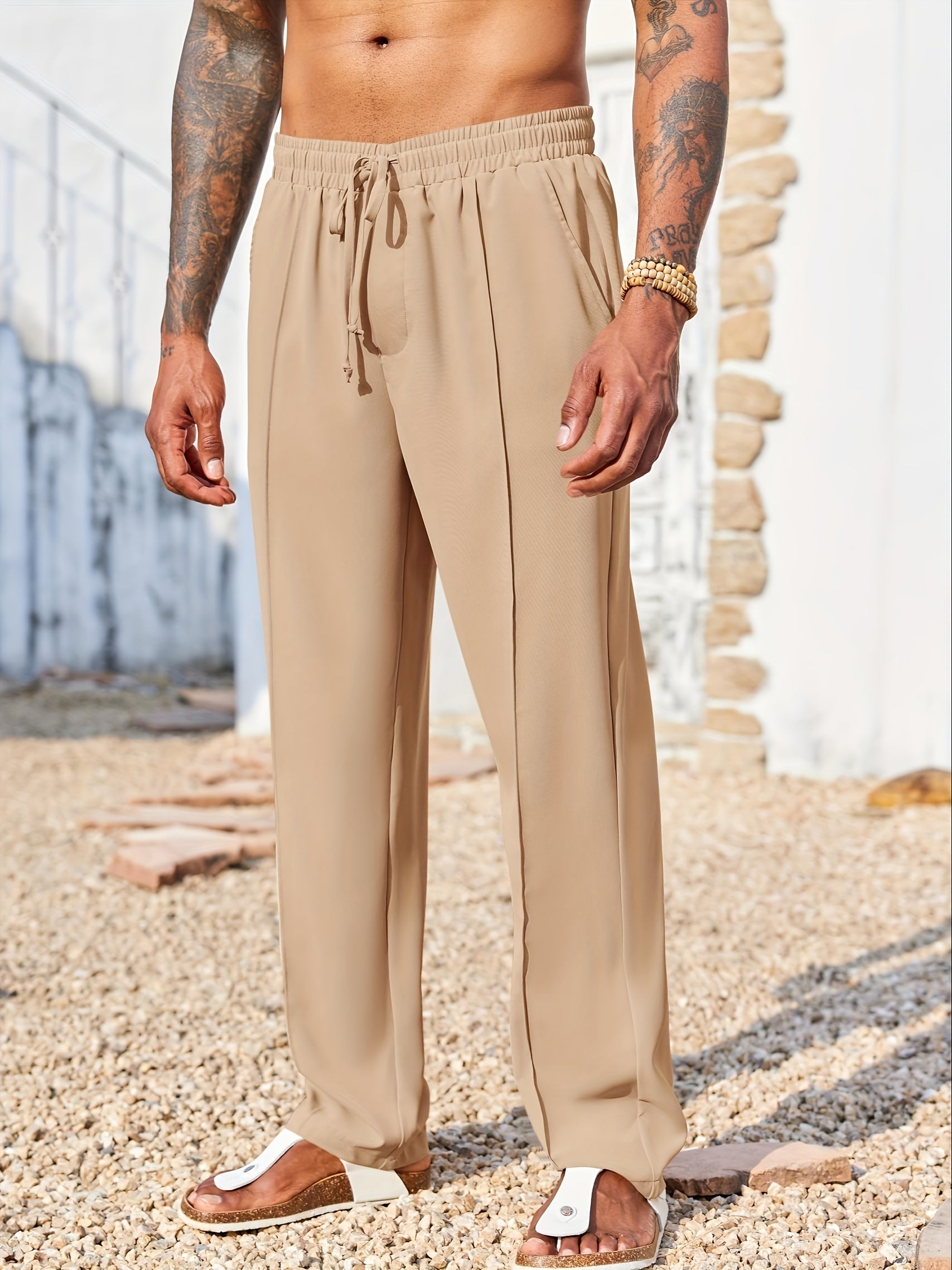 Mens Casual Loose Fit Drawstring Elastic Cotton Linen Pants