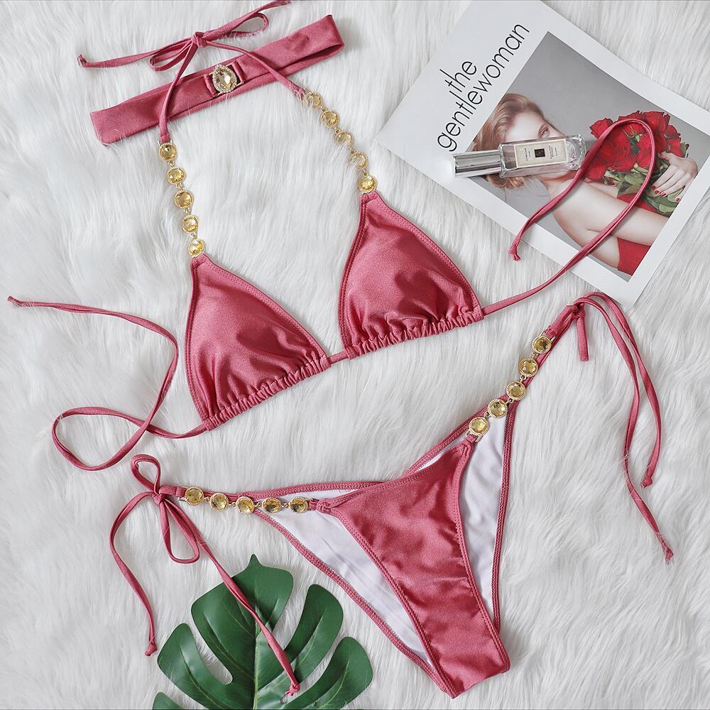 Diamond Embellished Bikini - Retro Swimsuit with Headband