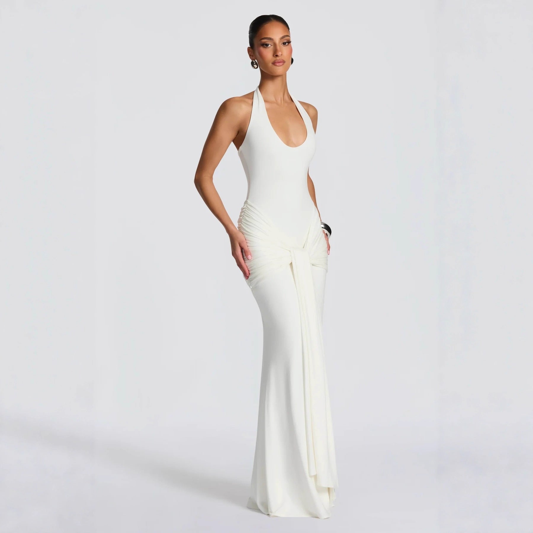 Open Back Pleated Dress - Patchwork Bodycon Gown