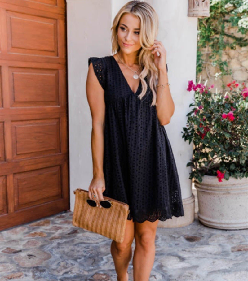 Lace Beach Dress - V-Neck Sleeveless Summer Dress with Pockets