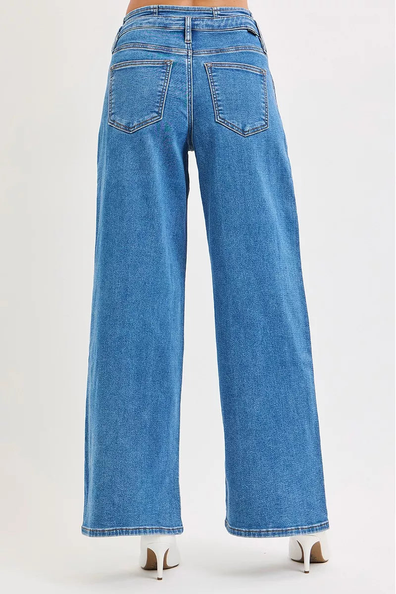 RISEN Wide Leg Jeans - Mid Rise Pleated Detail - Fashions Envy