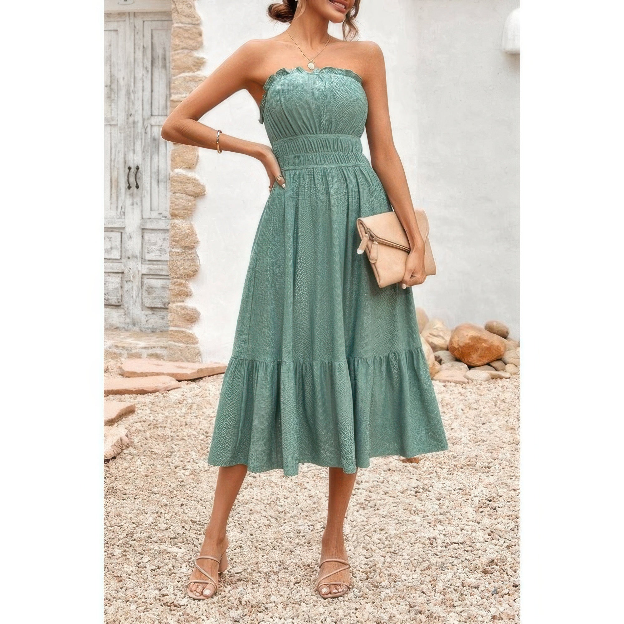 Elasit Waist Ruffle Dress strapless green midi dress with elastic smocked waist ruffle hem and clutch