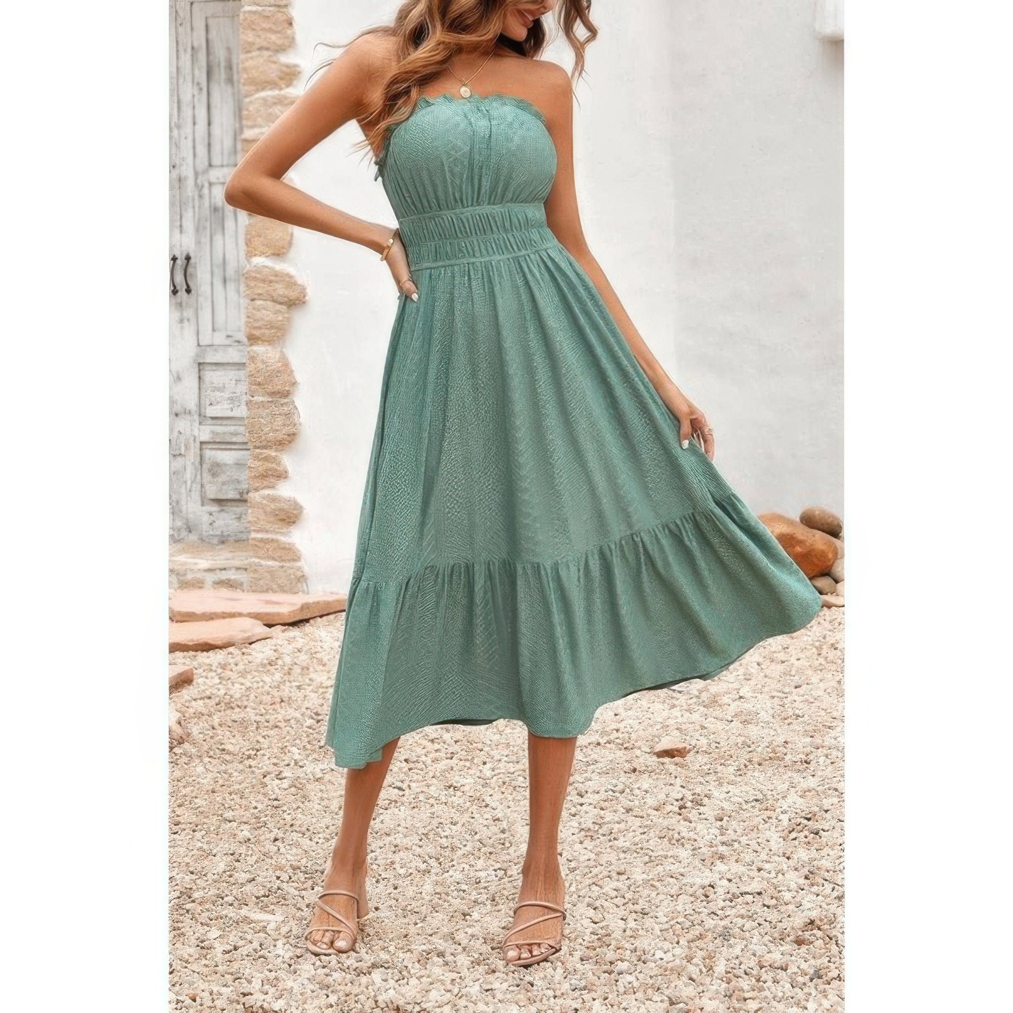 Elasit Waist Ruffle Dress strapless green midi with smocked elastic waist and tiered ruffle hem
