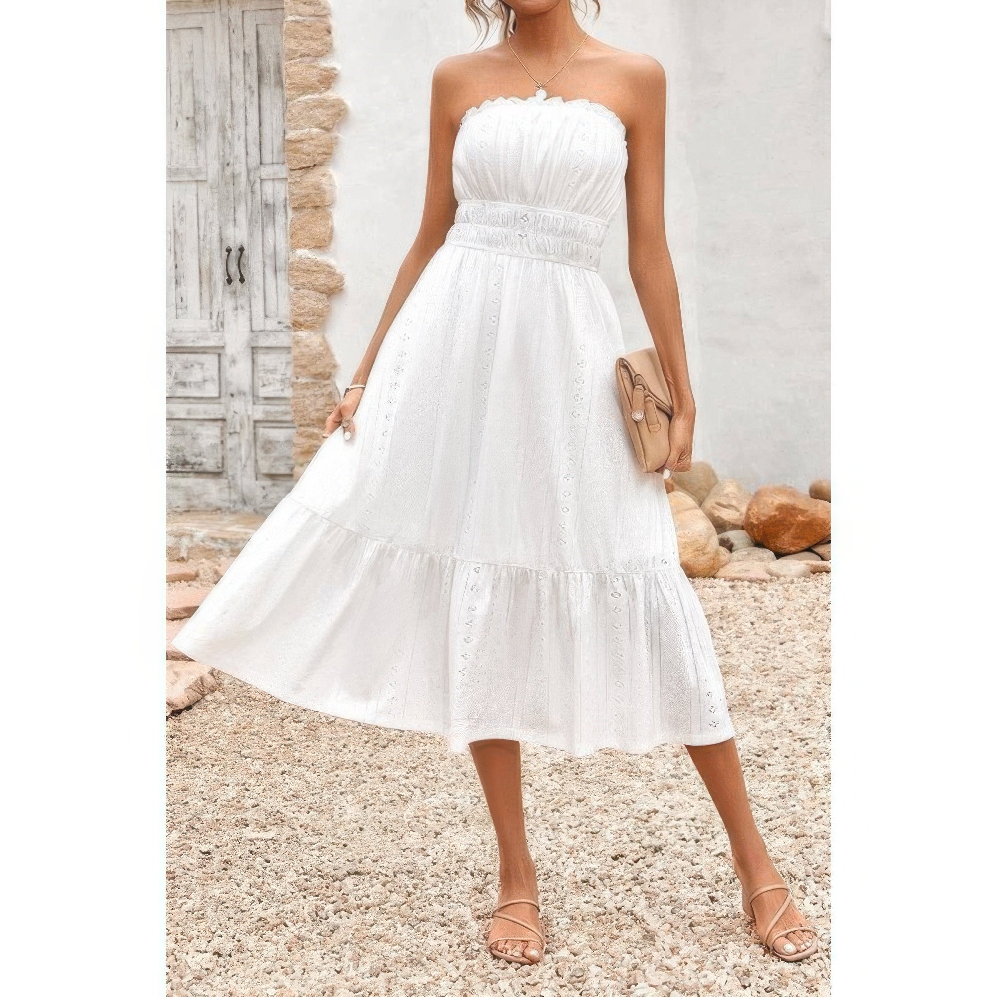 White strapless midi summer dress with smocked elastic waist and ruffle hem Elasit Waist Ruffle Dress