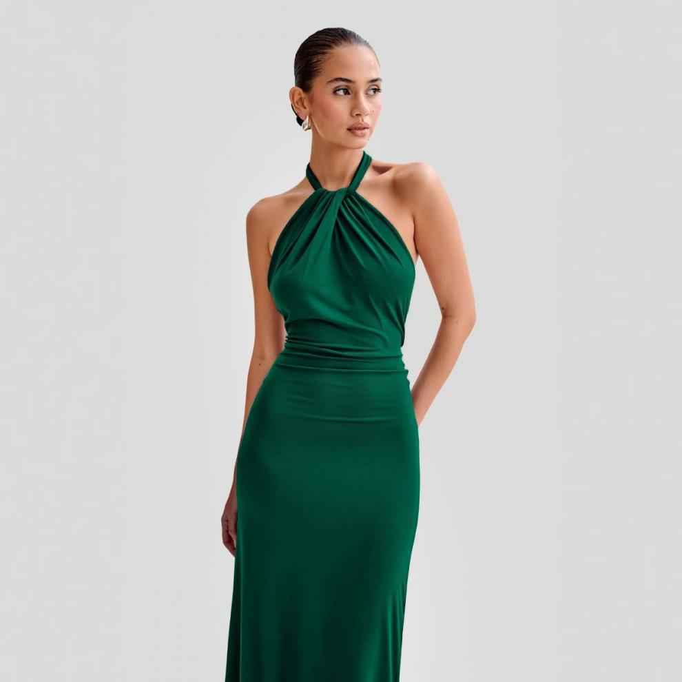 CJ Elegant Formal Gown in deep green with halter neck design, perfect for evening events