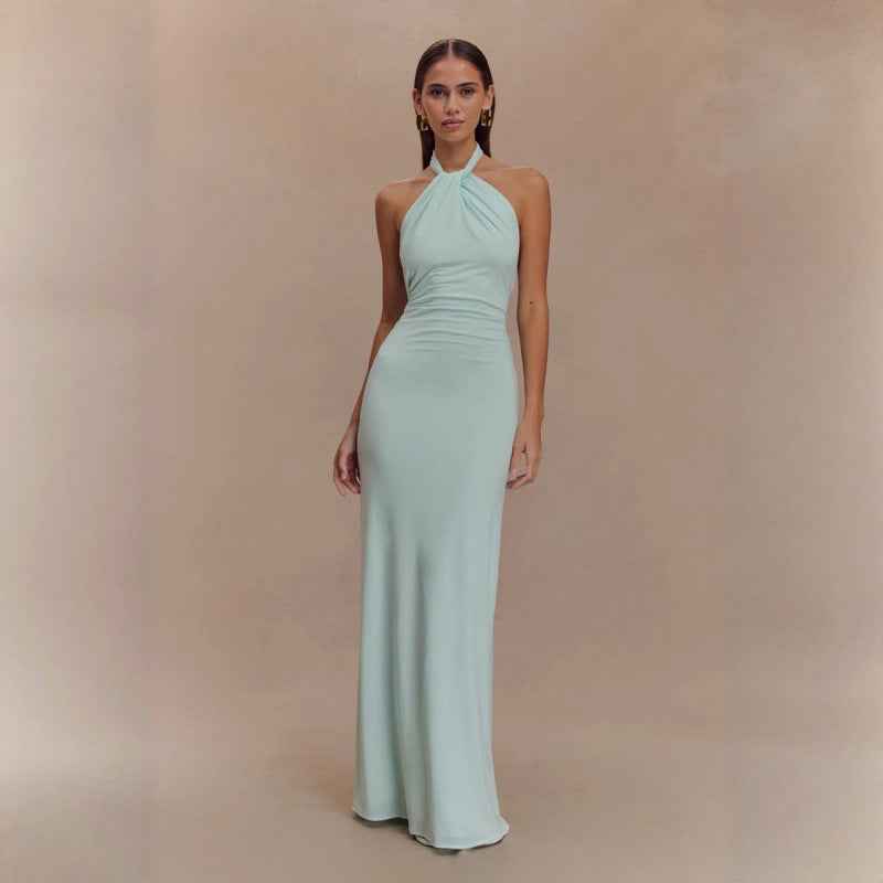 Elegant Formal Gown in light blue with halter neckline and fitted silhouette for special occasions