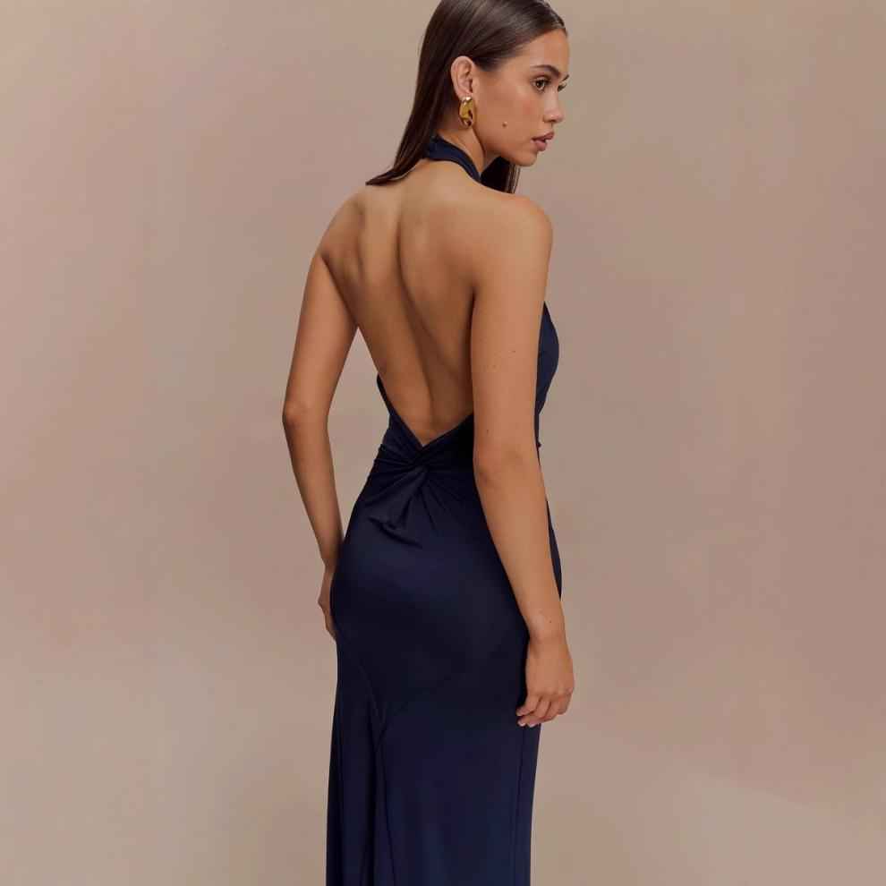 Elegant Formal Gown in navy blue featuring a backless design and fitted silhouette