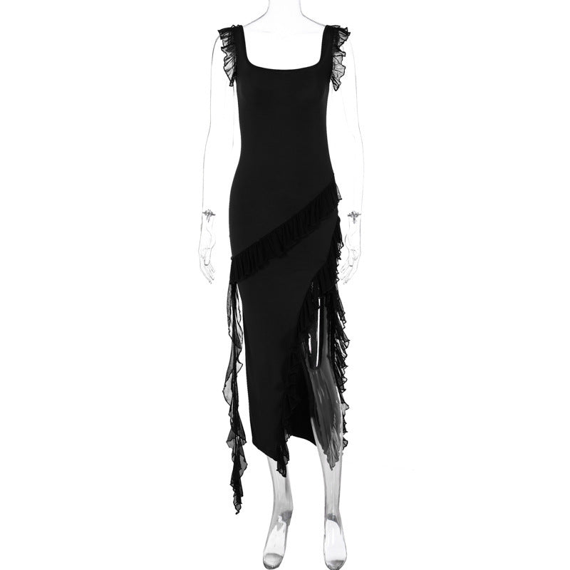 Elegant Ruffled Evening Maxi Dress in black with asymmetrical hem and sheer ruffle details