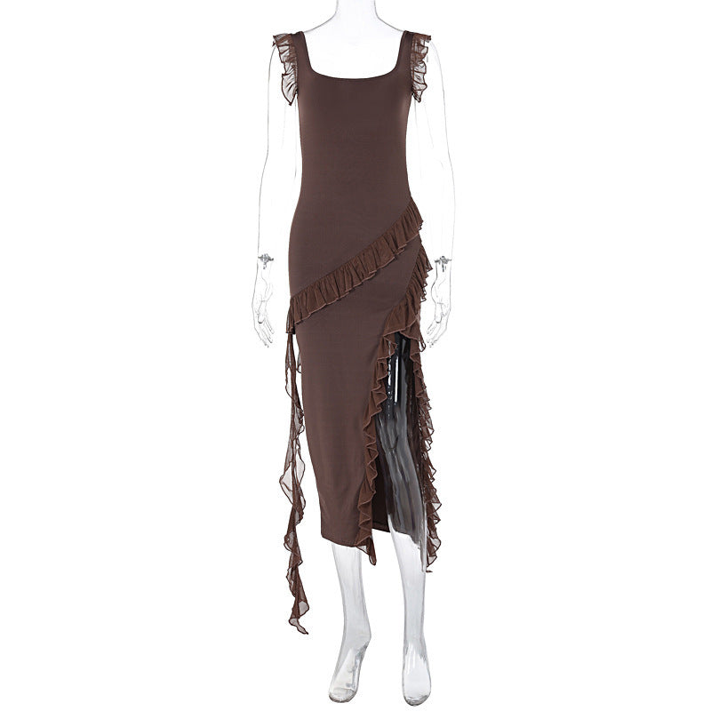 Trendsi Elegant Ruffled Evening Maxi Dress in brown with sleeveless design and asymmetrical ruffle details