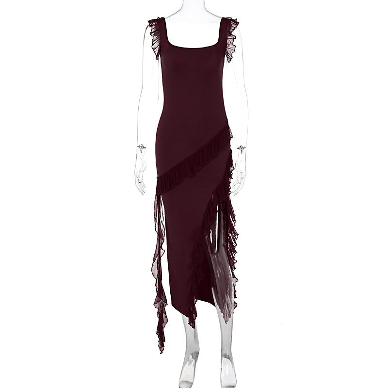 Elegant Ruffled Evening Maxi Dress in deep burgundy with asymmetrical hem and ruffle details