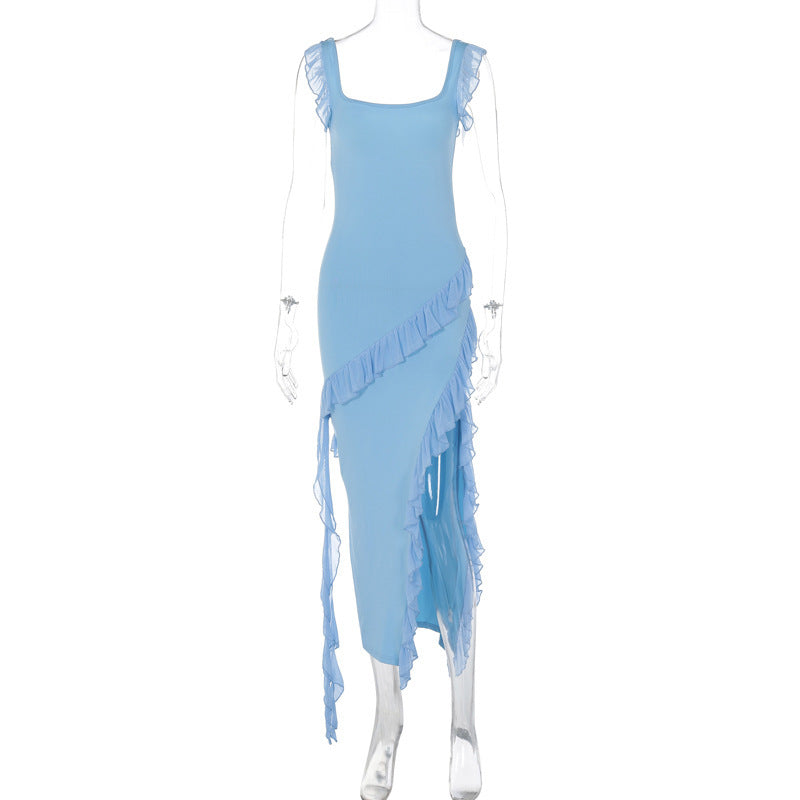 Elegant Ruffled Evening Maxi Dress in light blue with sleeveless design and asymmetrical ruffle details