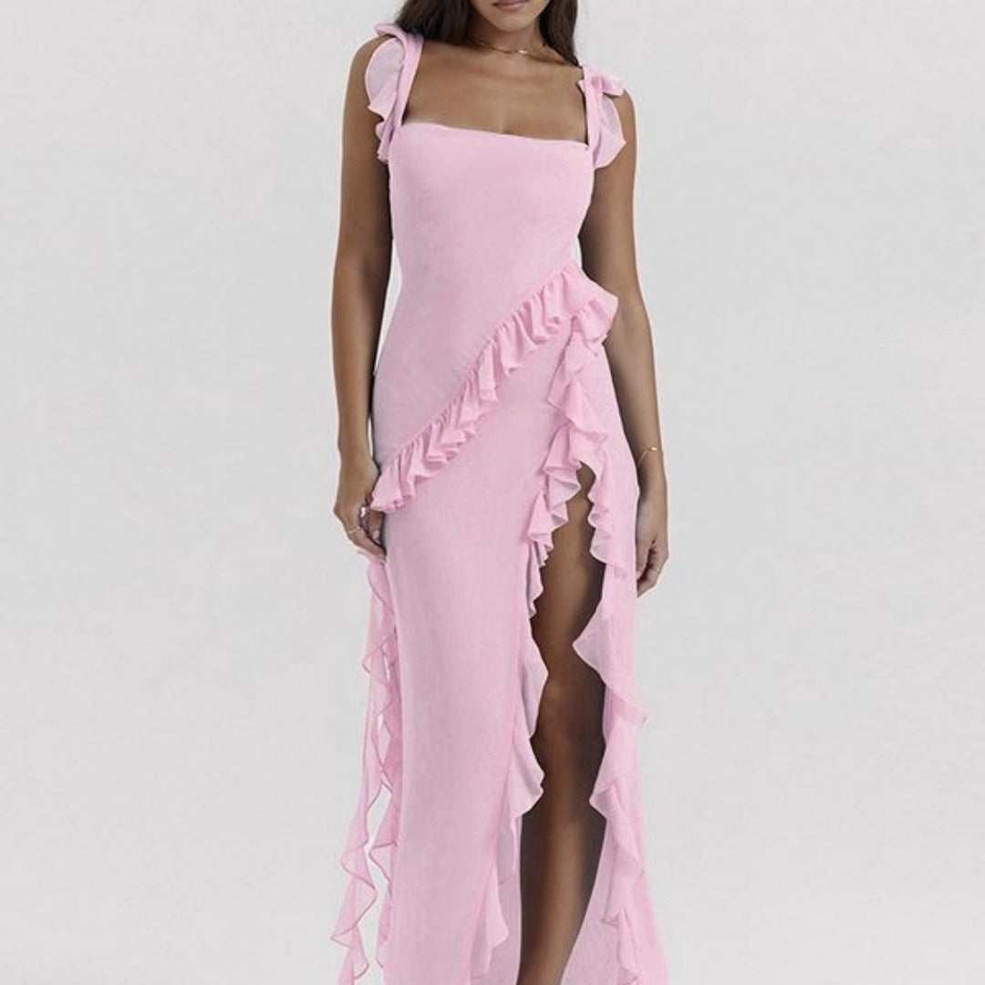 Elegant Ruffled Evening Maxi Dress in light pink with shoulder tie straps and asymmetrical ruffle details