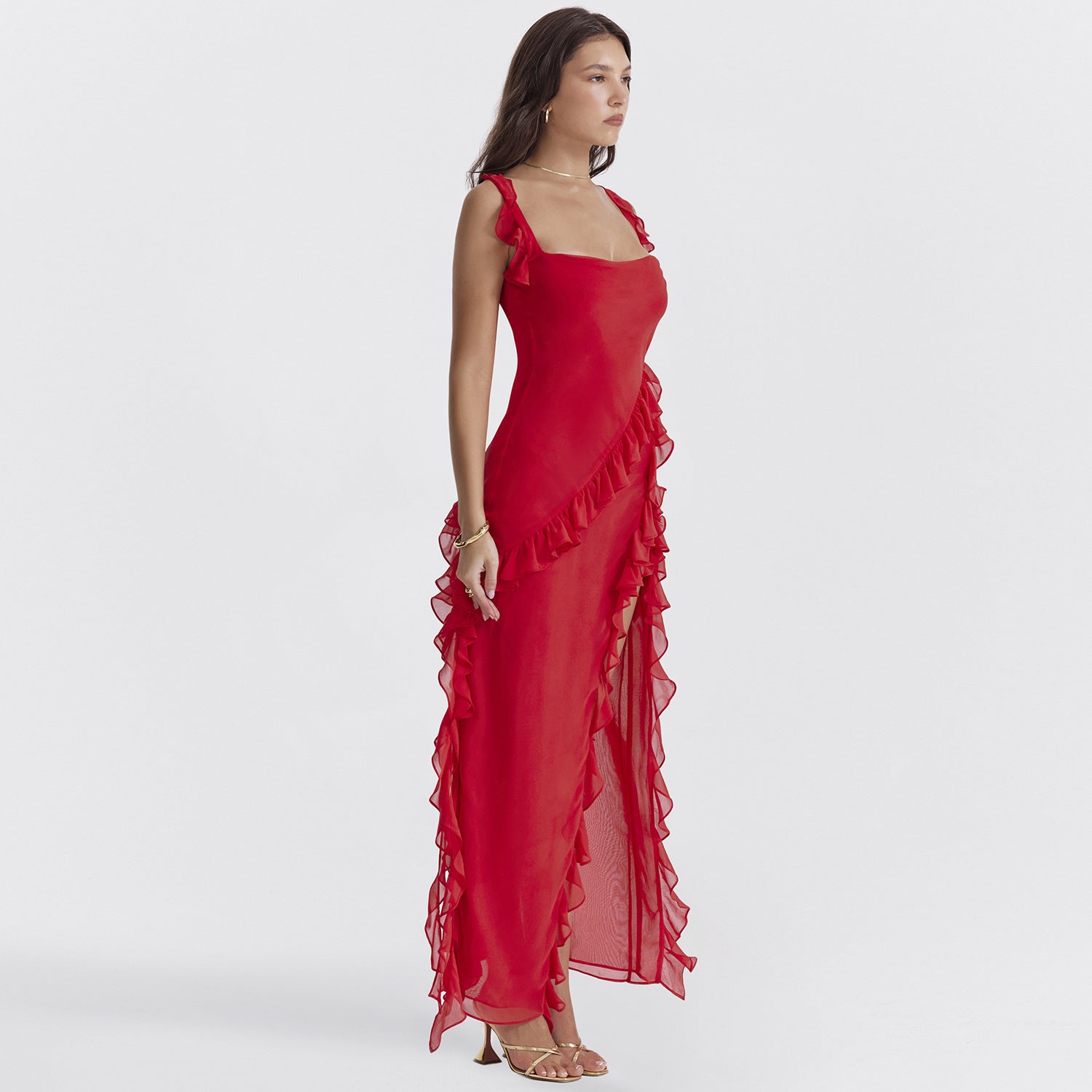 Trendsi Elegant Ruffled Evening Maxi Dress in red with sleeveless design and ruffled details