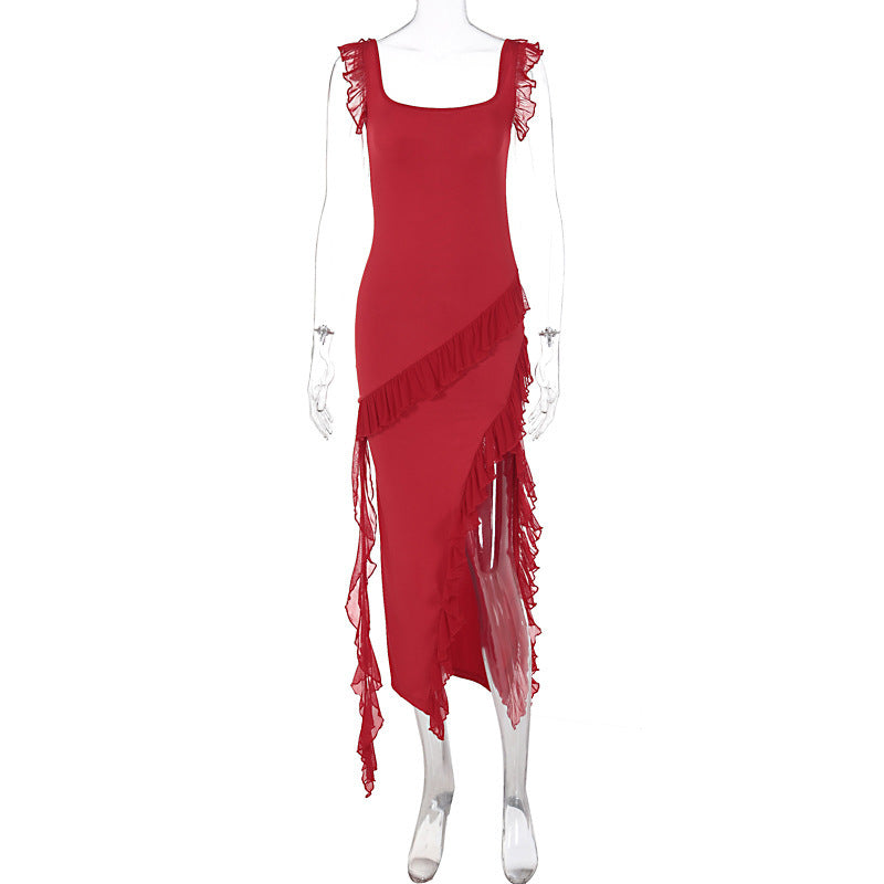 Trendsi Elegant Ruffled Evening Maxi Dress in red with asymmetrical hem and ruffle details