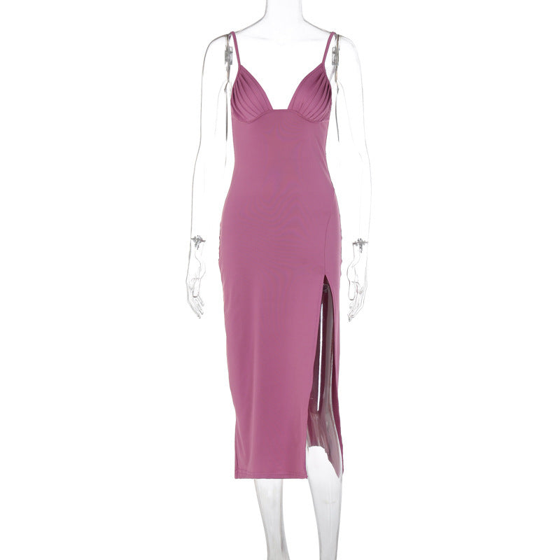 Elegant Satin Maxi Dress in Soft Plum Color with Side Slit and Spaghetti Straps