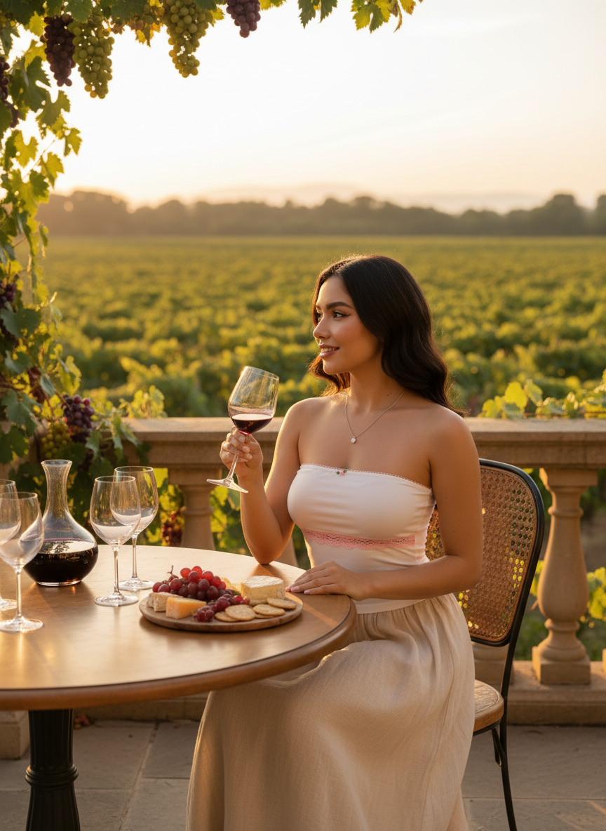 Elegant wine tasting scene with lace trim strapless tube top