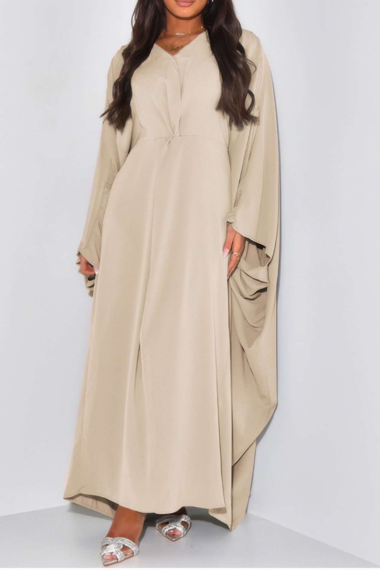 CCWHOLESALECLOTHING beige loose fit v neck maxi dress with long draped sleeves for casual elegance