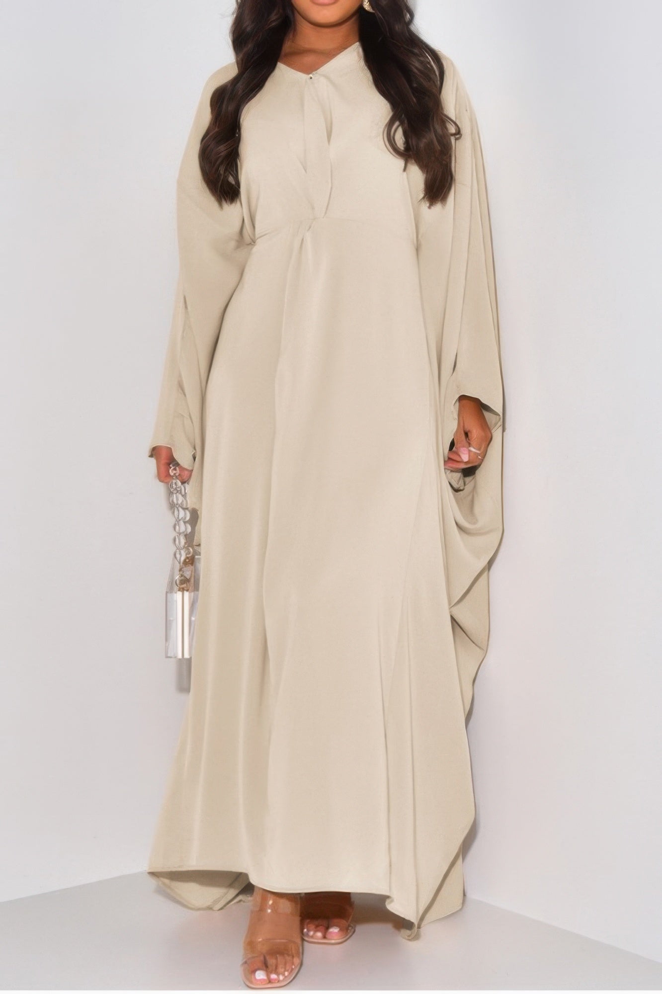 CCWHOLESALECLOTHING beige loose fit v neck maxi dress with long draped sleeves and ankle length hem