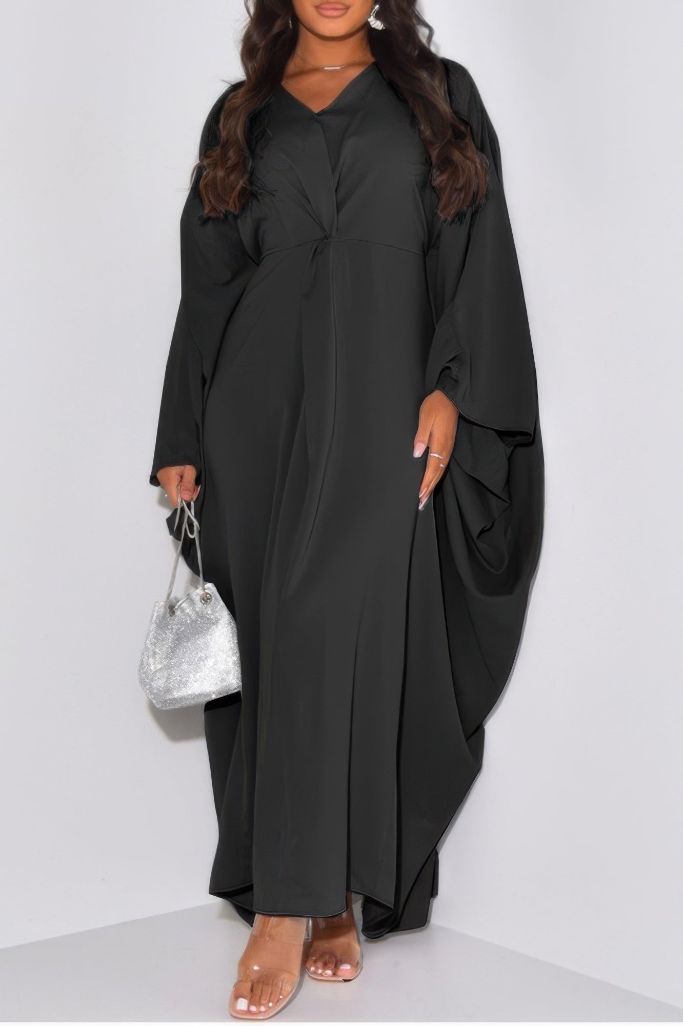 CCWHOLESALECLOTHING black draped ankle length dress with long sleeves and silver bag loose fit v neck maxi dress