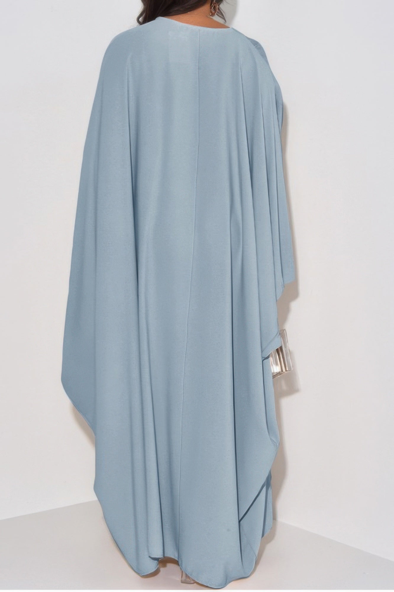 CCWHOLESALECLOTHING light blue loose fit v neck maxi dress back view with draped cape sleeves