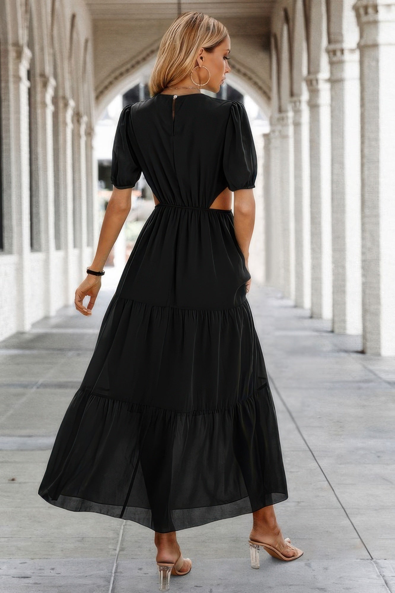 CCWHOLESALECLOTHING black tiered maxi dress back view with side cutouts and Puff Sleeves Fit Dress
