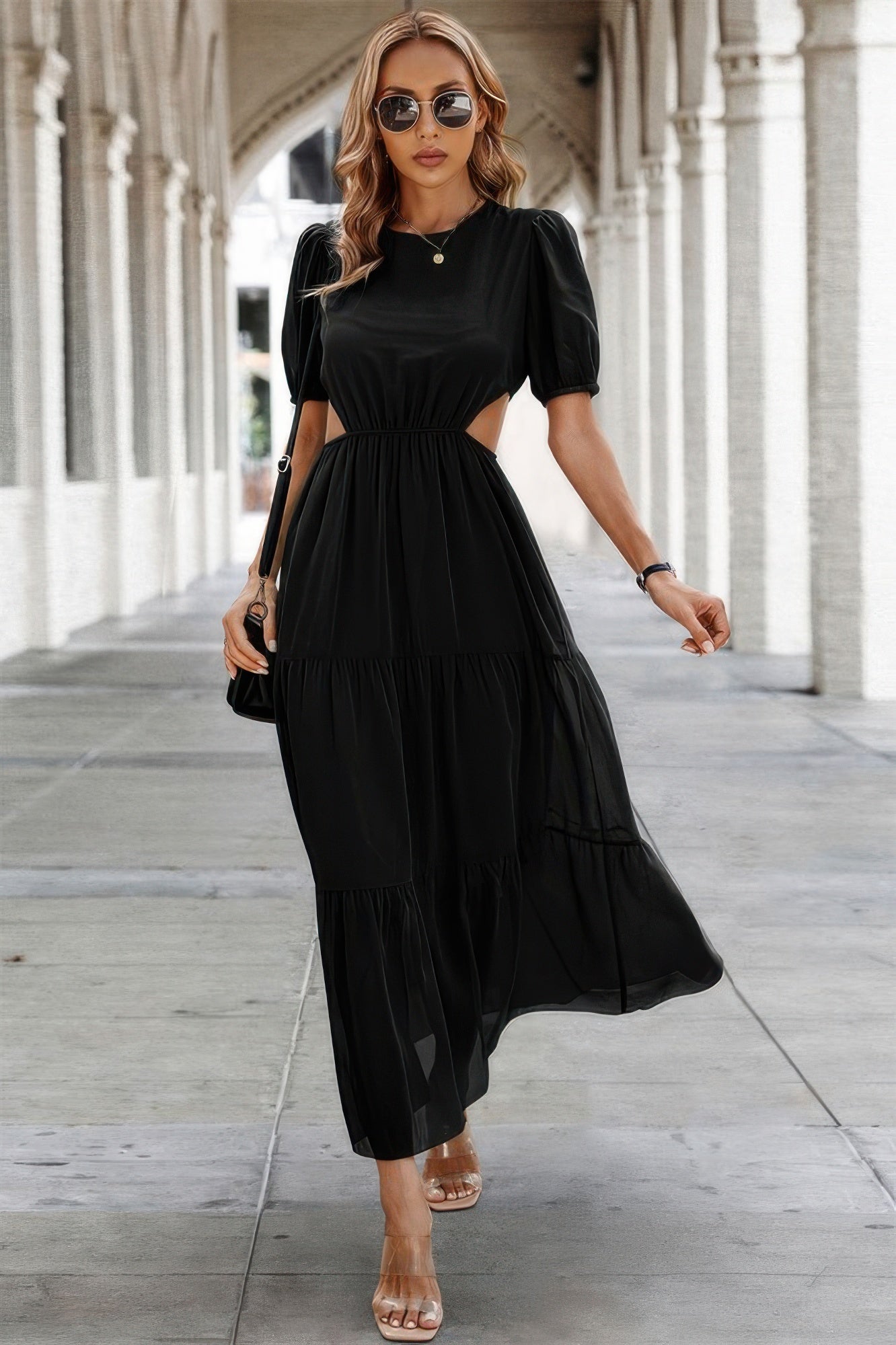 CCWHOLESALECLOTHING black Puff Sleeves Fit Dress with side cutouts tiered midi skirt and short sleeves