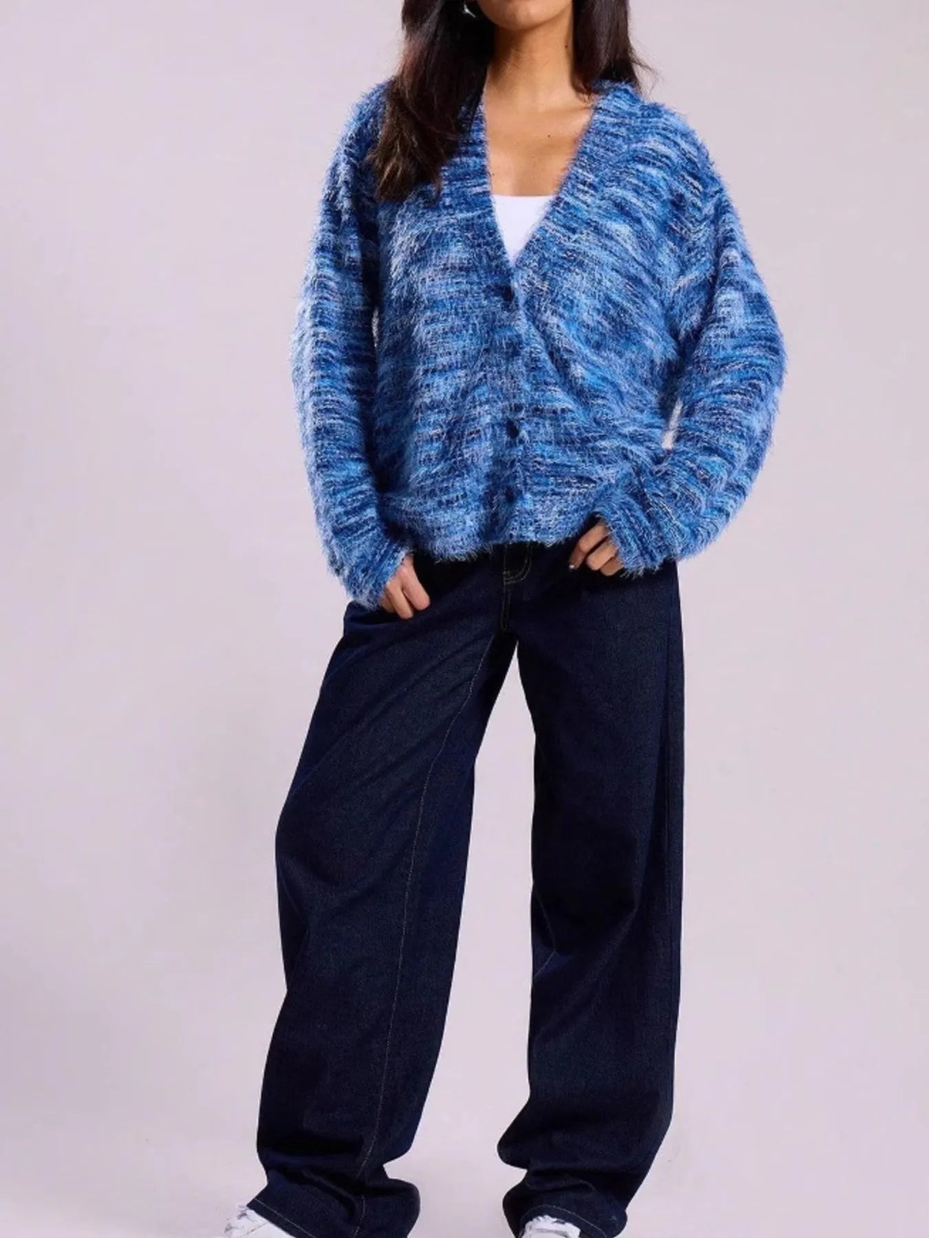 Trendsi blue marled fuzzy button down cardigan oversized V neck sweater paired with white tank and wide leg jeans