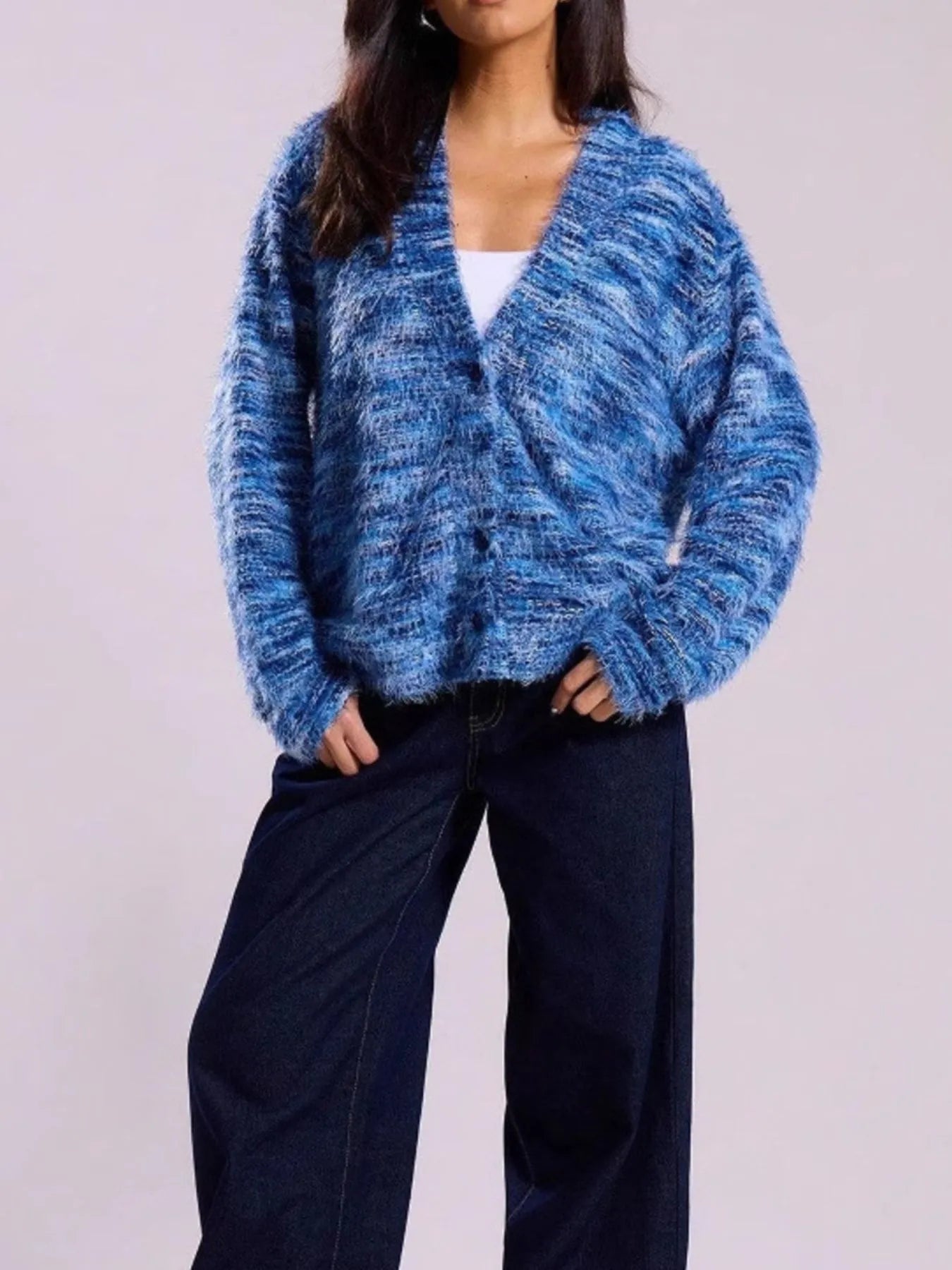 Trendsi blue marled fuzzy button down cardigan with V neck oversized fit cozy textured knit for layering